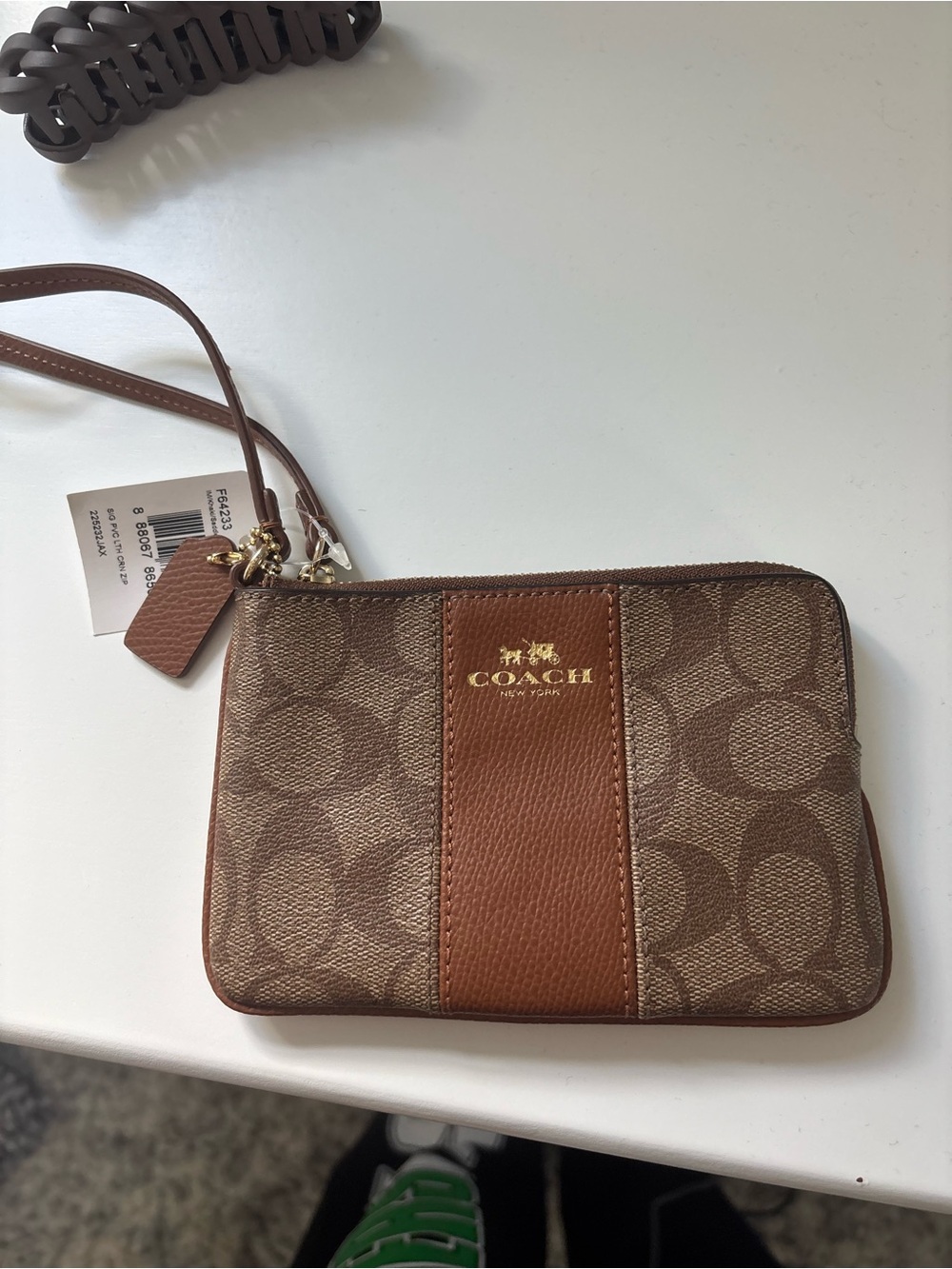 Coach Brown Signature Canvas Wristlet with Tan Leather Trim